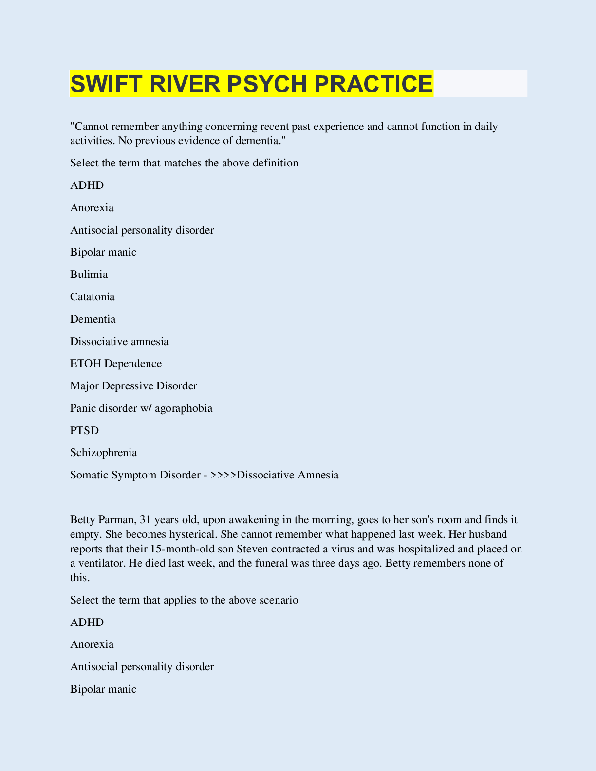 Preview image for SWIFT RIVER PSYCH PRACTICE  | with 100% Correct Answers | Updated & Verified